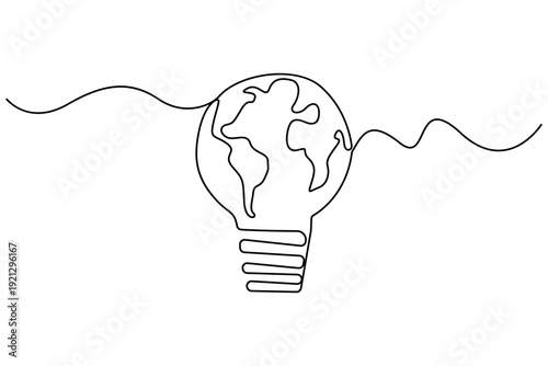 Eco innovation concept with earth shaped light bulb line art
