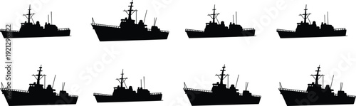 Eight black silhouettes of a naval warship on a white background Keywords: warship, navy, ship, military, vessel, boat