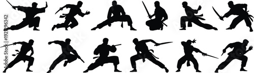 Diverse Silhouettes Of Ninjas In Action Poses With Swords And Knives martial arts warrior