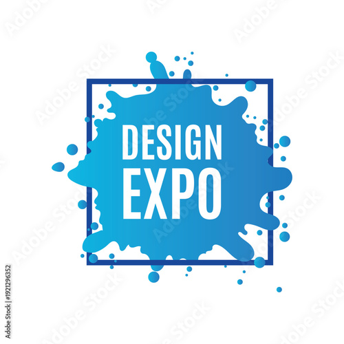 Design expo event announcement banner with blue liquid splash and dark blue square border detail