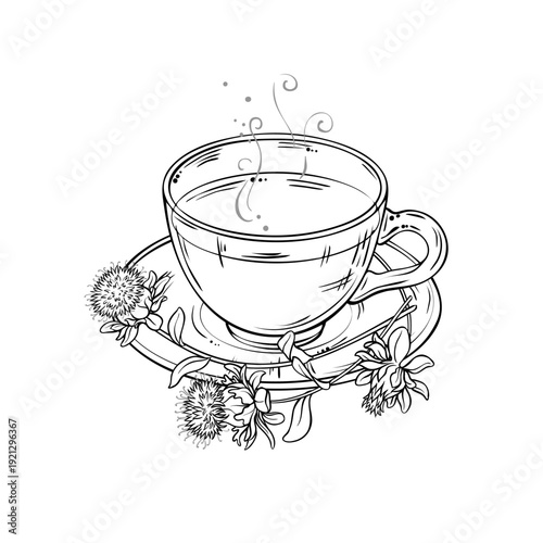 Cup of Saflower Tea aroma beverage Outline Illustration. Vector isolated for Design and Decoration for Cafeteria, Posters, Banners, Cards.