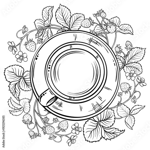 Cup of Strawberry Tea aroma beverage Outline Illustration. Vector isolated for Design and Decoration for Cafeteria, Posters, Banners, Cards.