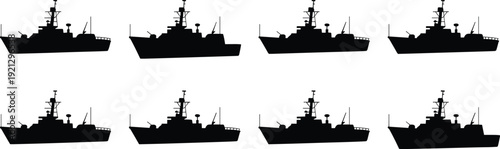 Eight black silhouettes of a naval warship on a white background Keywords: warship, navy, ship, military, vessel, boat