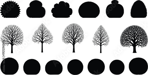 Five stylized black silhouette trees and six circular leafy bush shapes Keywords: tree, bush, foliage, nature, seasons, winter