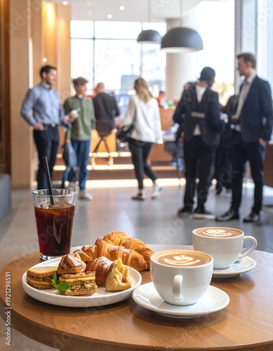 Pastries & coffee on table, people blur in cafe