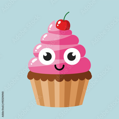 Smiling Cartoon Cupcake with Cherry Topping.