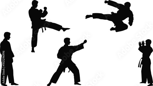 Silhouette figures practicing martial arts in various dynamic poses on a white background karate taekwondo
