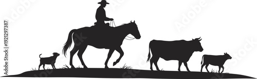 Silhouette of a cowboy on horseback herding cattle and a dog on a grassy hill vector illustration