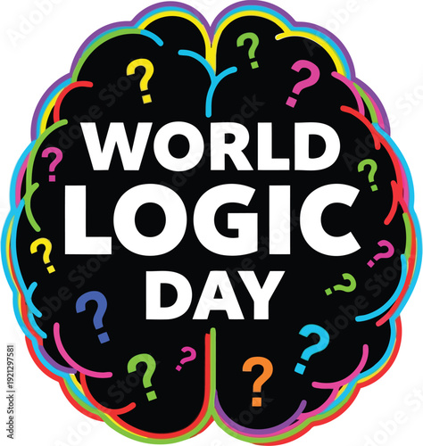 Brain with questions and world logic day text celebrating critical thinking and problem solving skills vector