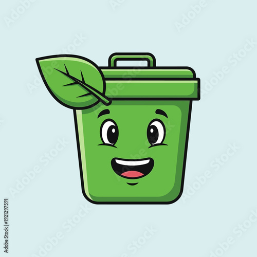 Cartoon Green Trash Can with Leaf.