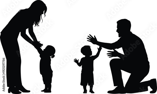 Silhouette of a family with two young children interacting with parents on a white background mother