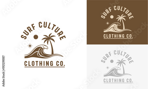 Set of Surf Culture Clothing Co logos featuring palm trees and waves from different viewpoints