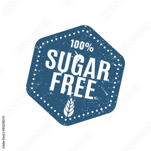 Blue hexagonal stamp with sugar free text for healthy organic food products and natural branding