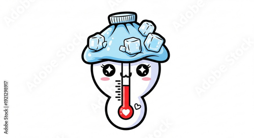 Cartoon thermometer with ice pack on head feels hot and sick