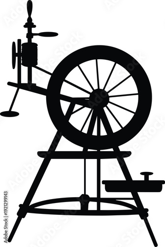 Silhouette of an antique spinning wheel with a large wheel and spindle on a white background vintage