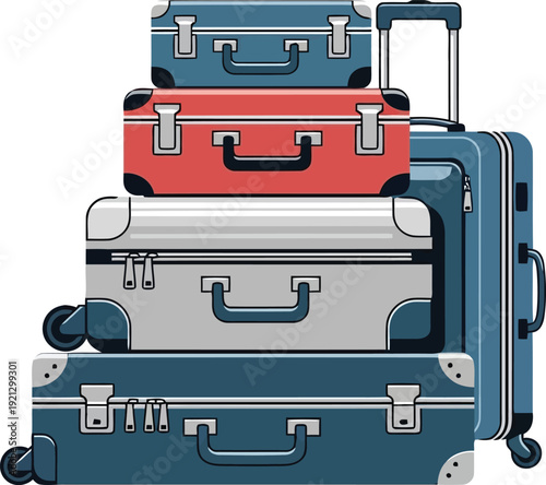 Stack of assorted travel luggage bags and suitcases ready for journey vacation adventure trip transport vector