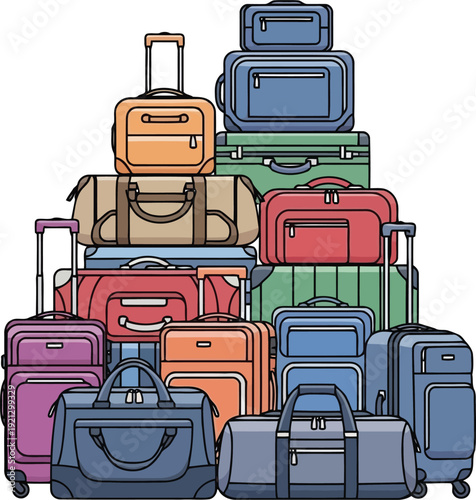 Pile of colorful luggage bags suitcases and duffels ready for travel vacation journey adventure vector