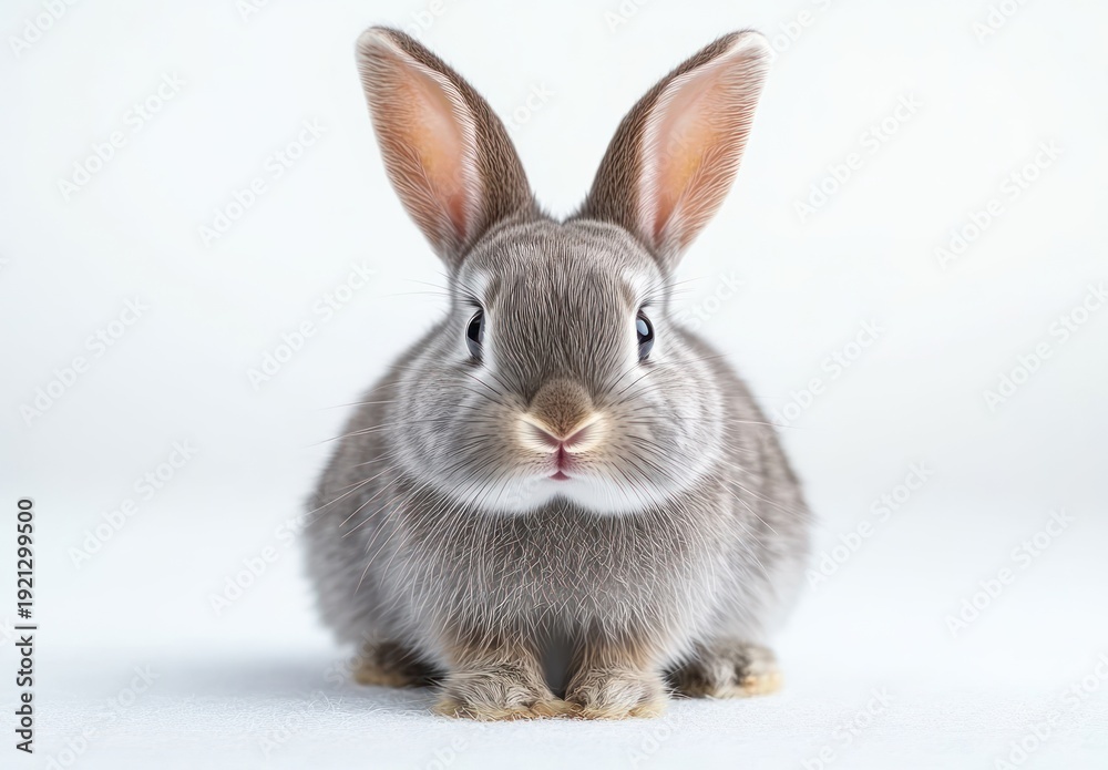 Fototapeta premium front-facing fluffy gray rabbit with upright ears and curious gentle expression on white background