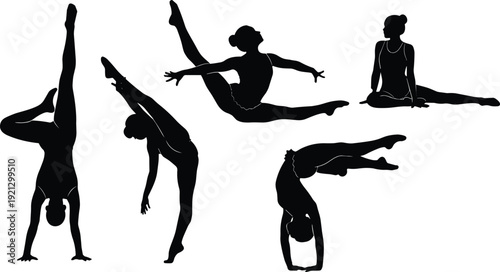 Silhouettes of five women performing various gymnastic poses gymnastics flexibility