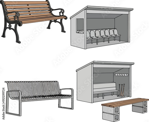 Outdoor seating collection park bench bus shelter set public urban furniture assortment vector