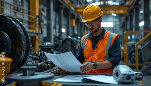A man in an orange safety vest reviews documents in a factory setting