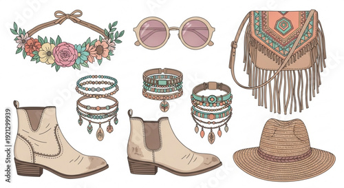Boho chic fashion accessories illustration with boots hat bag jewelry and sunglasses