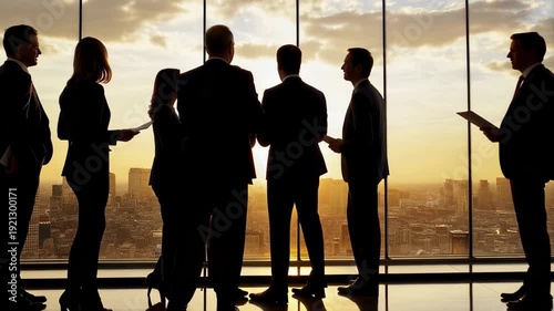 Team of successful business people engaged in a meeting during sunset while acknowledging a partnership in a modern office overlooking the city skyline