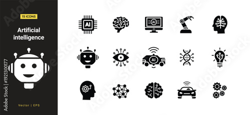 Artificial Intelligence Icon Set – AI Technology, Robot, Machine Learning, Automation and Neural Network Vector Icons