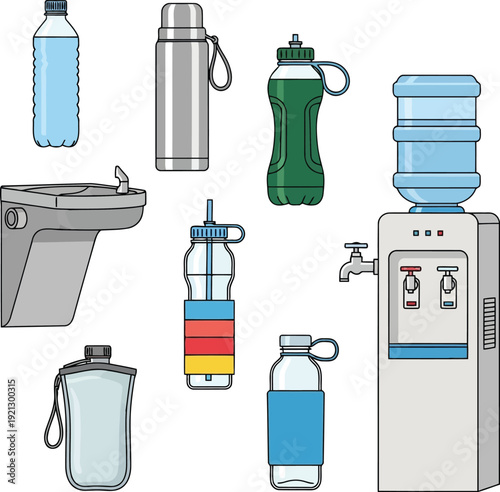 Collection of hydration essentials water bottles coolers and thermos flasks for active lifestyles vector