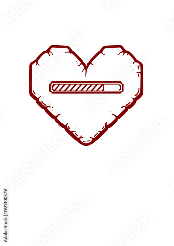Puffy Pixel Heart with Loading Bar Sticker Silhouette. Retro 8-bit Gaming Nostalgia and Tactile Kidult Tech Design Vector.