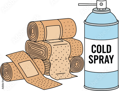 First aid supplies bandages rolled elastic compression wrap topical cold spray for injury treatment medical care relief vector