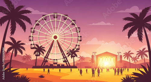 Vibrant beachside carnival with ferris wheel at sunset palm trees and people in a warm purple pink and orange gradient sky
