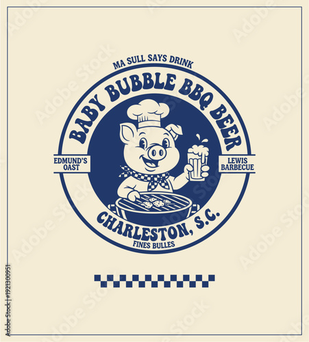Vintage advertisement for Baby Bubble BBQ Beer featuring a pig mascot drinking beer in Charleston, S.C.