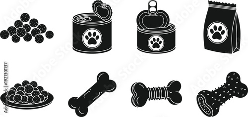 Pet Food and Dog Toy Silhouette Collection with Canned Meal, Kibble and Bone Vector Illustration Set