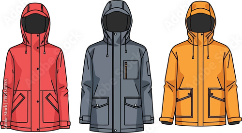 Colorful outdoor winter jackets hooded apparel collection for snowboard skiing adventure clothing fashion vector