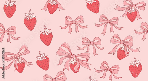 Sweet strawberry and pink ribbon bow seamless pattern background
