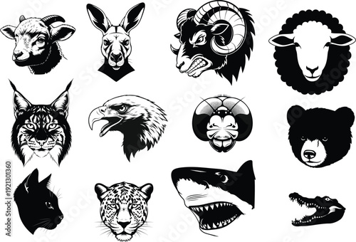 Collection of various animal heads in black and white