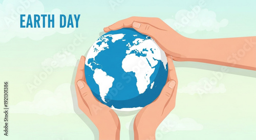Hands holding blue earth globe with white continents under cloudy sky for earth day