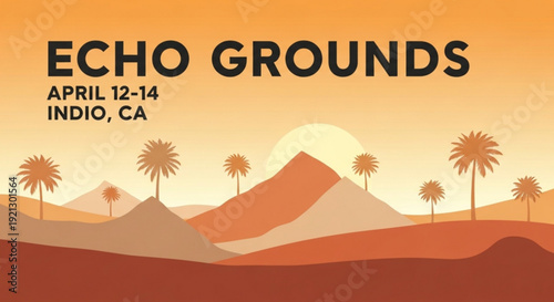 Desert landscape with palm trees and mountains at sunset event poster background