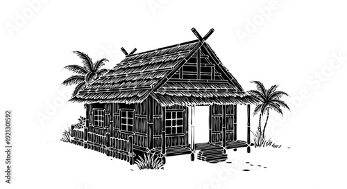 A 3d model illustration of a new residential cottage architecture design featuring a small wooden house in the shape of a tree structure with a unique roof and exterior window