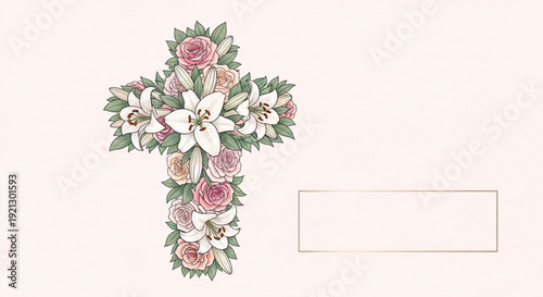 Floral cross with pink roses and white lilies on a light background for religious or memorial use