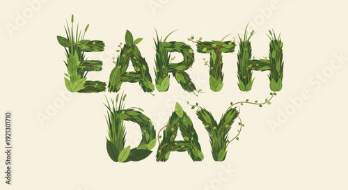 Earth day eco friendly green leaves forming words on beige background