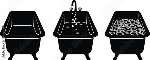 Bathtub Silhouette Set with Empty Tub, Running Water Faucet and Filled Bath Vector Illustration Collection Isolated on White