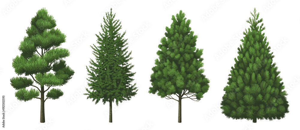 Fototapeta premium Set of green coniferous pine and spruce trees with needles isolated on white background