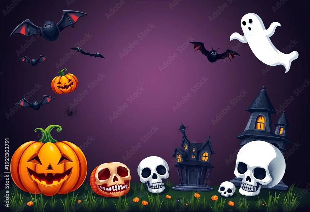 Fototapeta premium Spooky Halloween icons set, featuring pumpkins, bats, ghosts, spiders, skulls, and haunted houses, vintage, cute