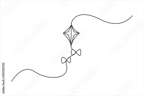 Minimalist one-line drawing of a classic kite featuring decorative bow-tie segments along its tail—clean, modern, continuous-line art style.
