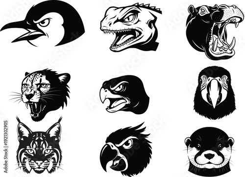 Collection of nine animal head illustrations in black and white