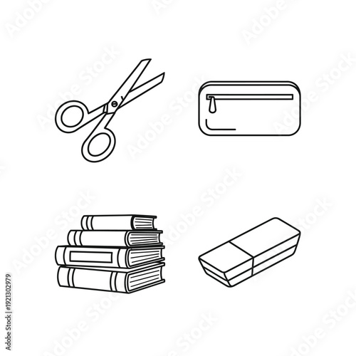 Detailed black and white line art illustration of stationery items including scissors, pencil case, stack of books, and eraser on white background, perfect for educational or office supplies