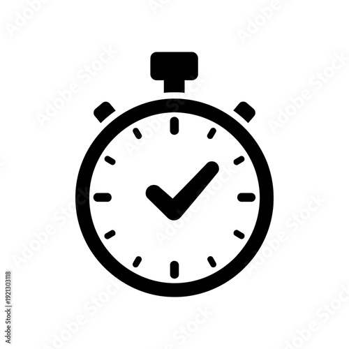 black stopwatch icon with a white checkmark inside representing successful task completion timely delivery and efficient work management.