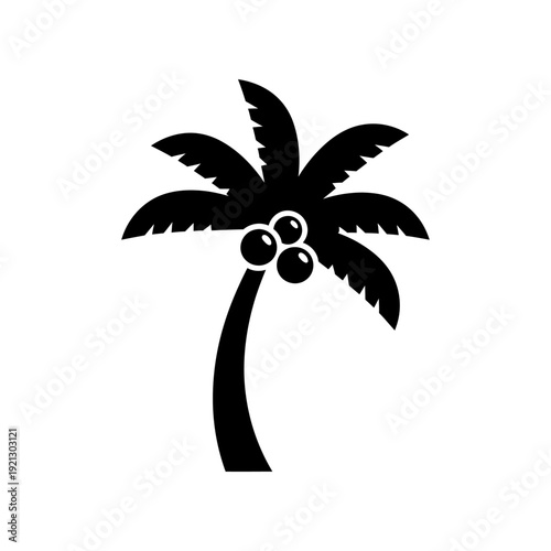 bold graphic silhouette of a tropical palm tree with three coconuts perfectly symbolizing summer vacation exotic travel and paradise island themes.